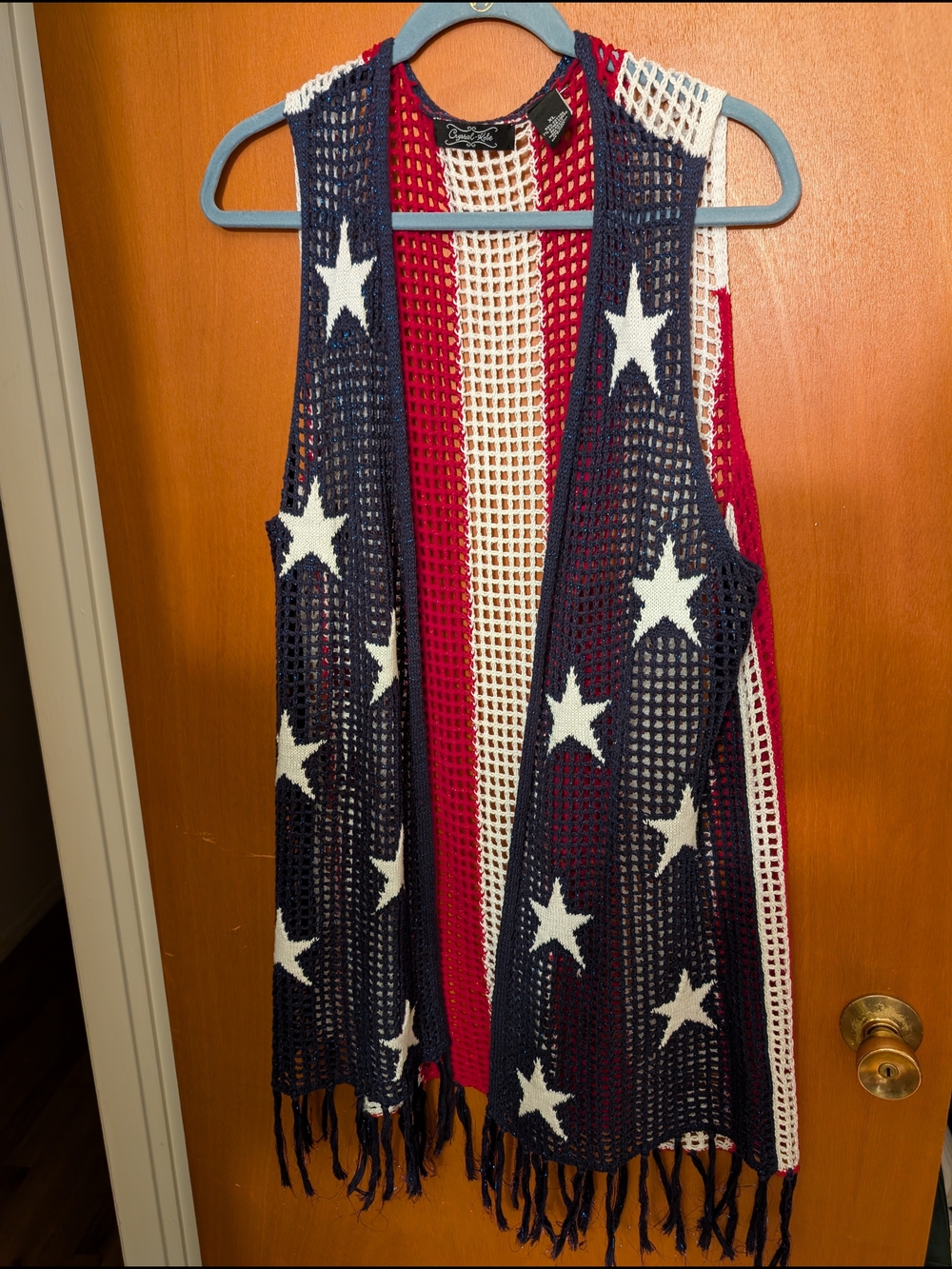 Patriotic Star Crochet Fringe Vest - Navy, Red & White